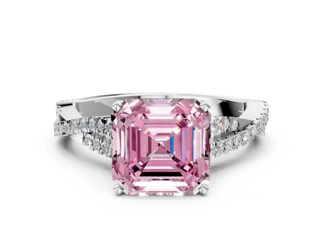 White gold Fancy Pink Asscher Cut Diamond Solitaire Engagement Ring with Twisted Pavé Band and Four-Prong Setting_97