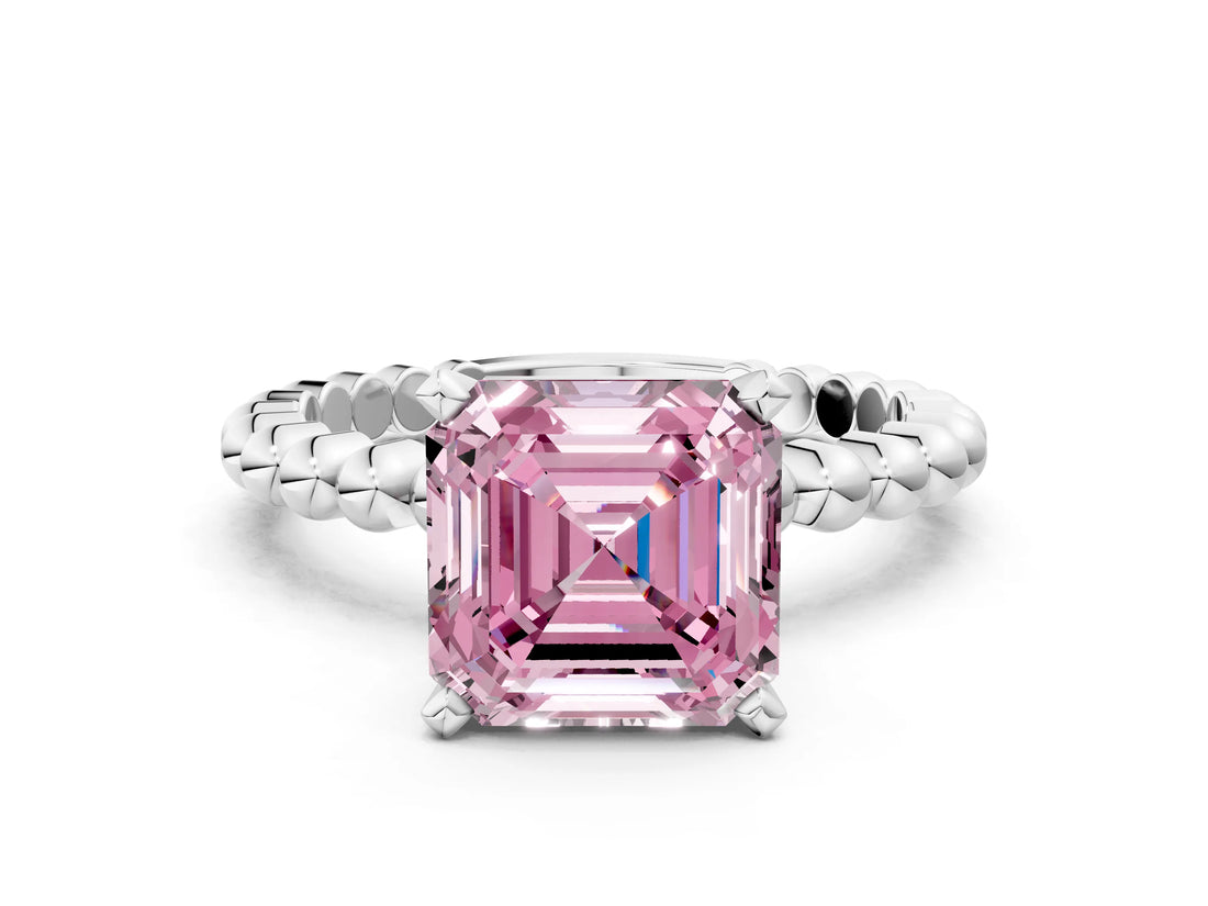 White gold Fancy Pink Asscher Cut Diamond Solitaire Ring with Beaded Band and Prong Setting_112