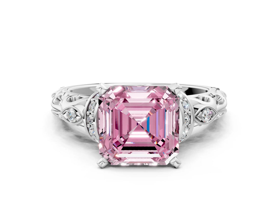 White gold Fancy Pink Asscher Cut Diamond Solitaire Ring with Filigree Band and Four-Prong Setting_17