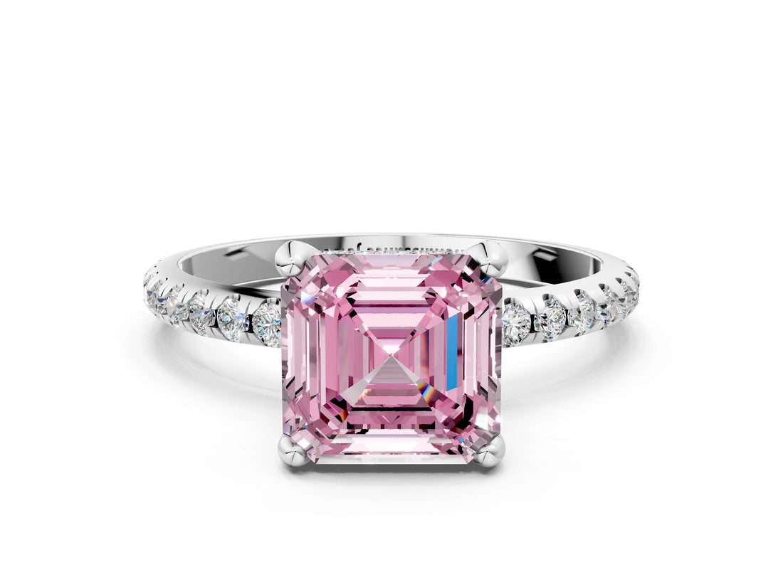 White gold Fancy Pink Asscher Cut Diamond Solitaire Ring with Four-Prong Setting and Pavé Band_3