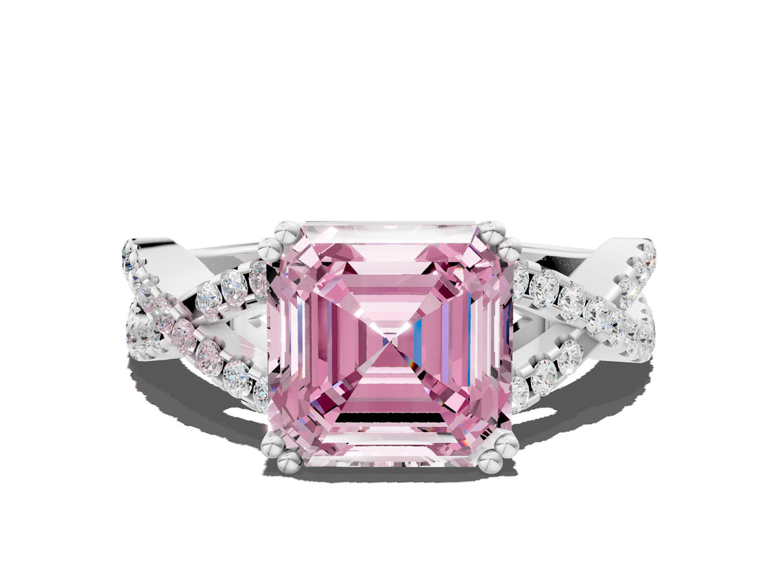 White gold Fancy Pink Asscher Cut Diamond Solitaire Ring with Four-Prong Setting and Twisted Pavé Band_17