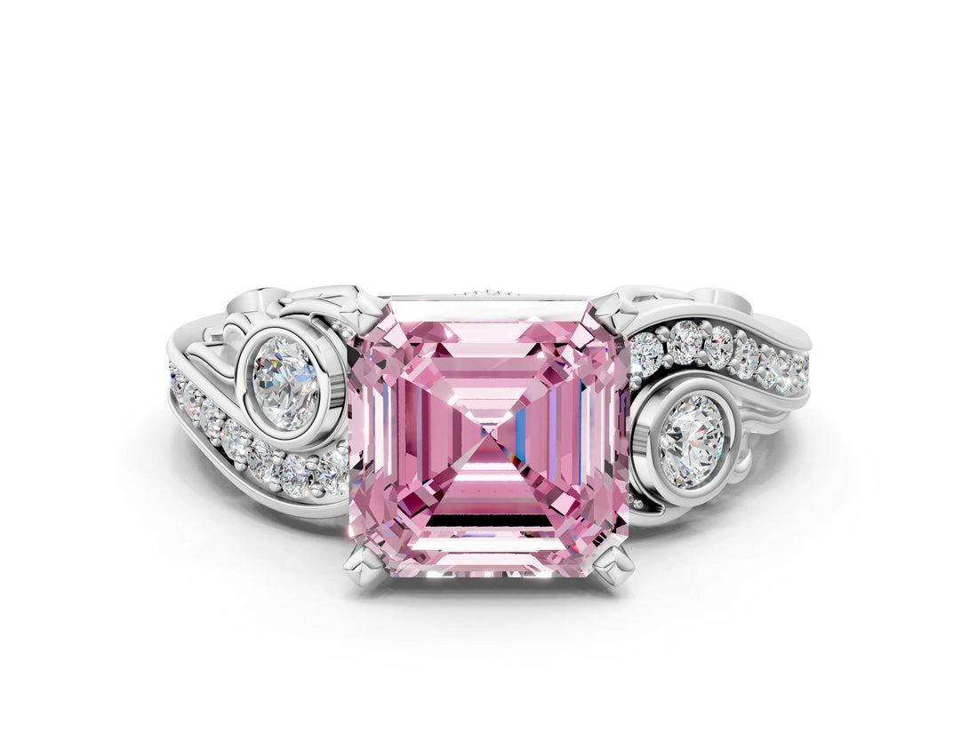 White gold Fancy Pink Asscher Cut Diamond Solitaire Ring with Milgrain Pavé Band and Four-Prong Setting_54