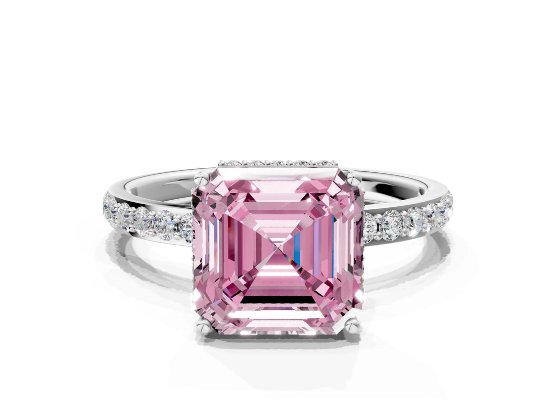 White gold Fancy Pink Asscher Cut Diamond Solitaire Ring with Pavé Band and Hidden Halo_31