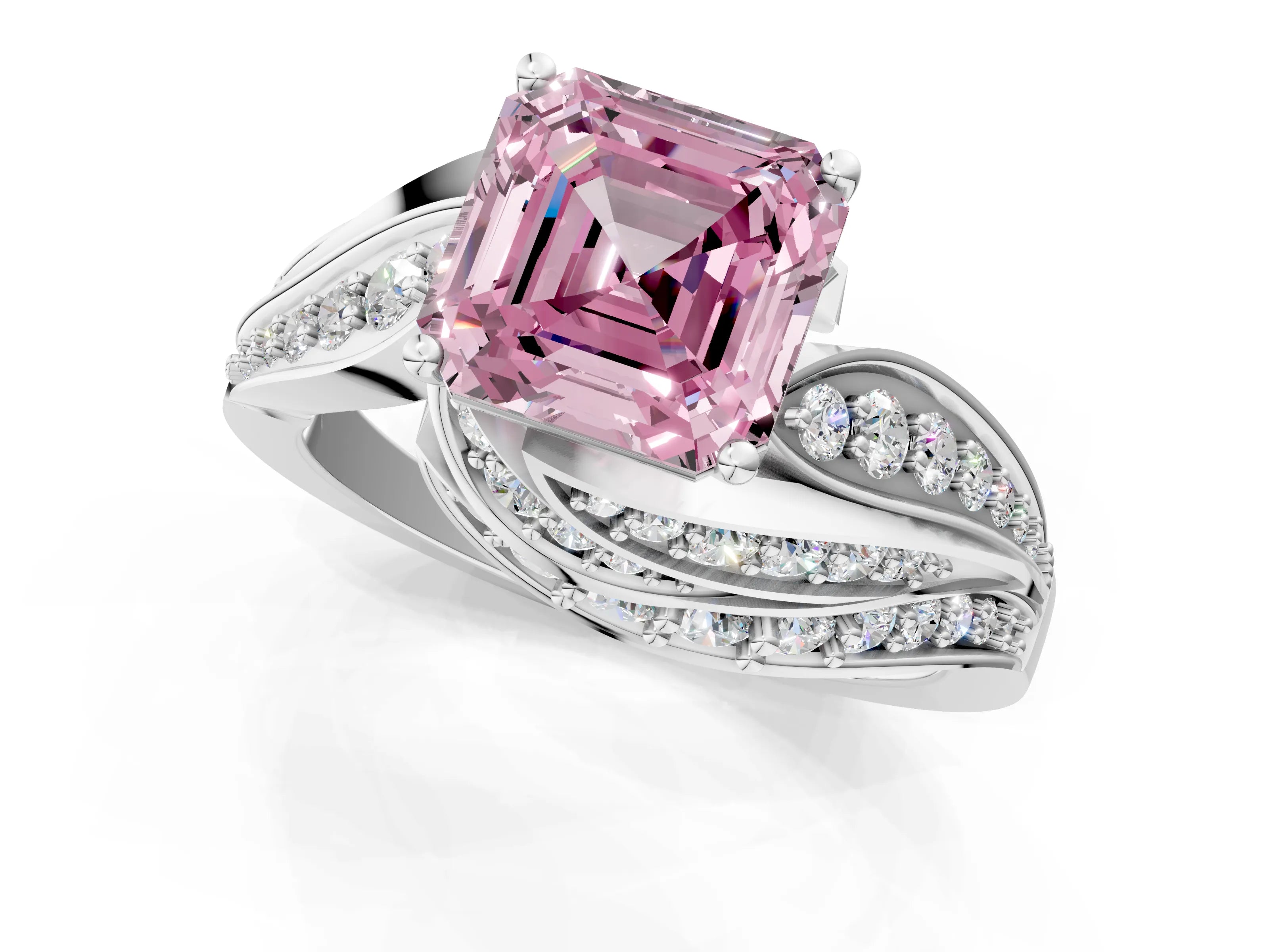 White gold Fancy Pink Asscher Cut Diamond Solitaire Ring with Prong Setting and Twisted Pavé Band_1