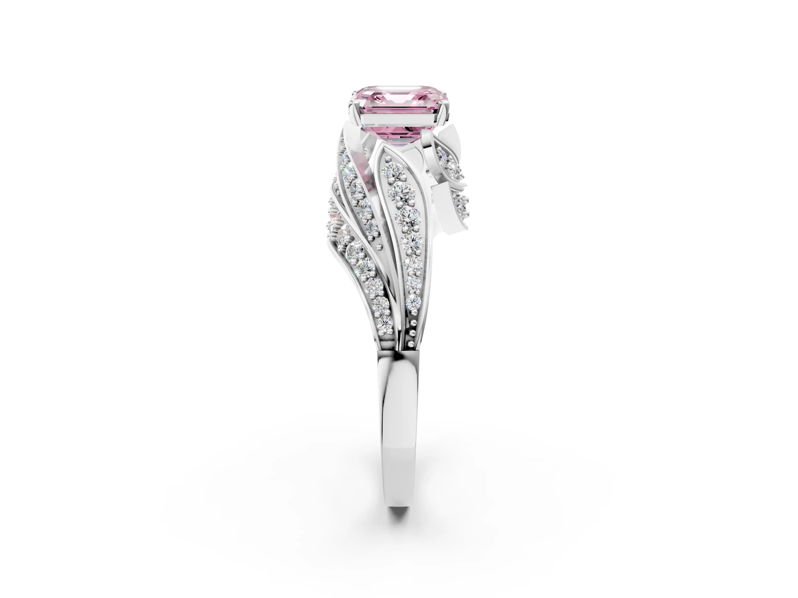 White gold Fancy Pink Asscher Cut Diamond Solitaire Ring with Prong Setting and Twisted Pavé Band_26