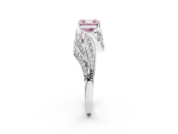 White Gold Asscher Cut Graduated Pave Bypass Engagement Ring Setting for Fancy Pink Center