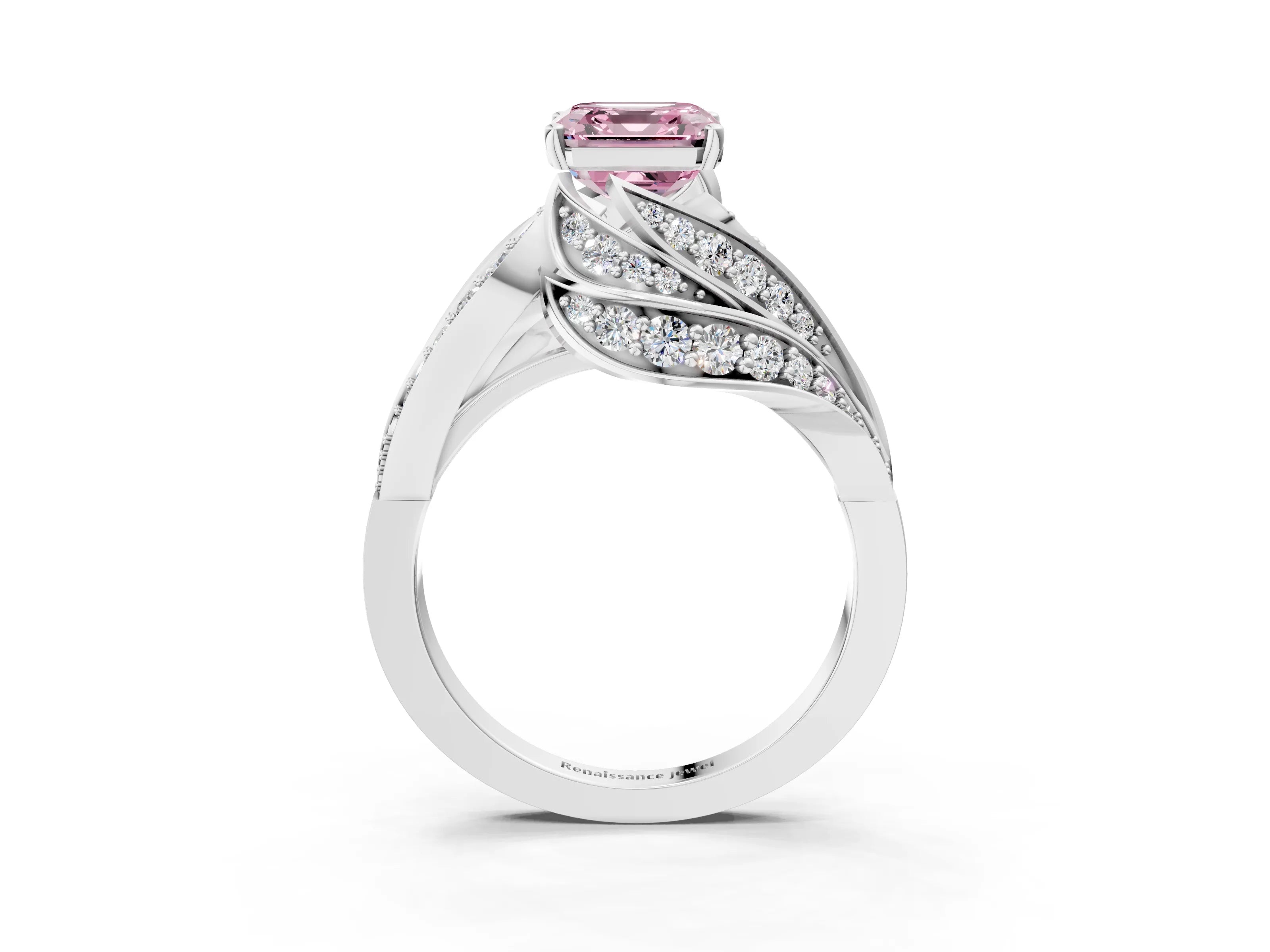 White gold Fancy Pink Asscher Cut Diamond Solitaire Ring with Prong Setting and Twisted Pavé Band_27