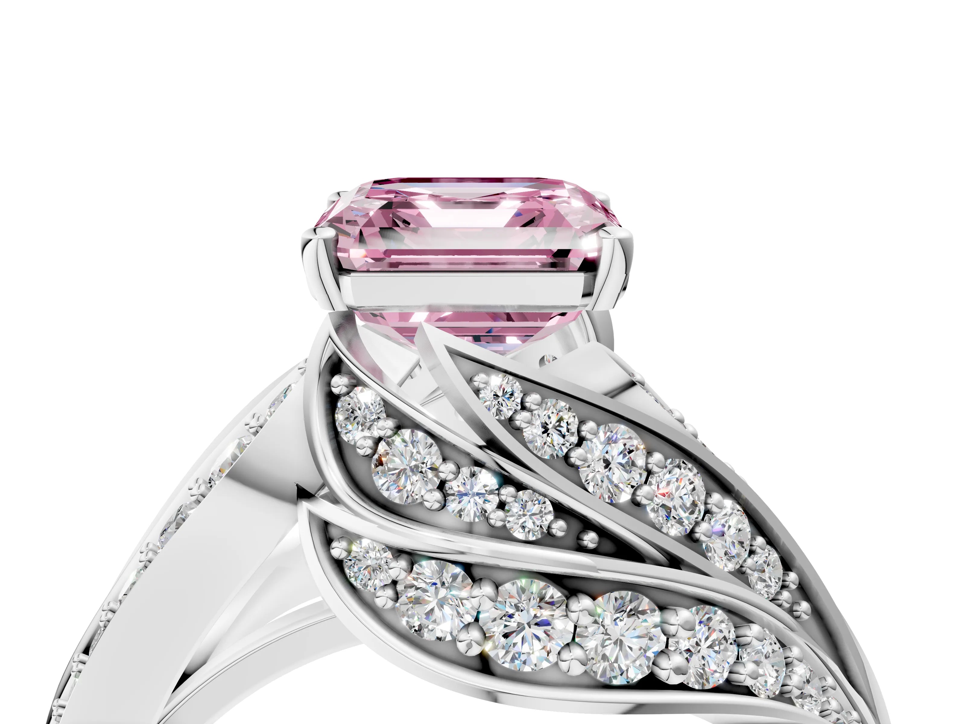 White gold Fancy Pink Asscher Cut Diamond Solitaire Ring with Prong Setting and Twisted Pavé Band_28