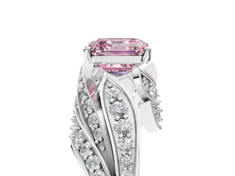 White gold Fancy Pink Asscher Cut Diamond Solitaire Ring with Prong Setting and Twisted Pavé Band_29