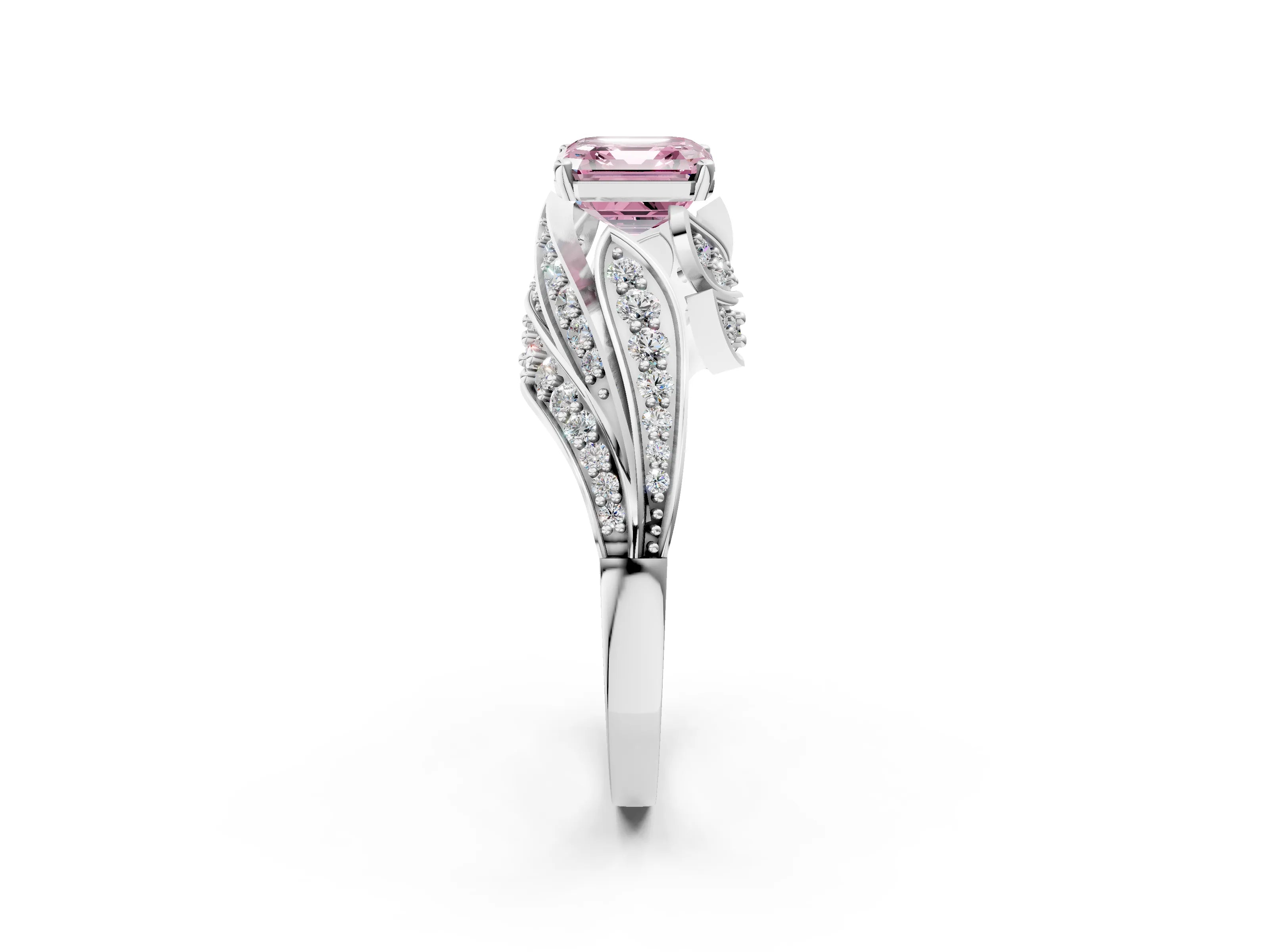 White gold Fancy Pink Asscher Cut Diamond Solitaire Ring with Prong Setting and Twisted Pavé Band_2
