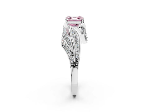 White gold Fancy Pink Asscher Cut Diamond Solitaire Ring with Prong Setting and Twisted Pavé Band_2
