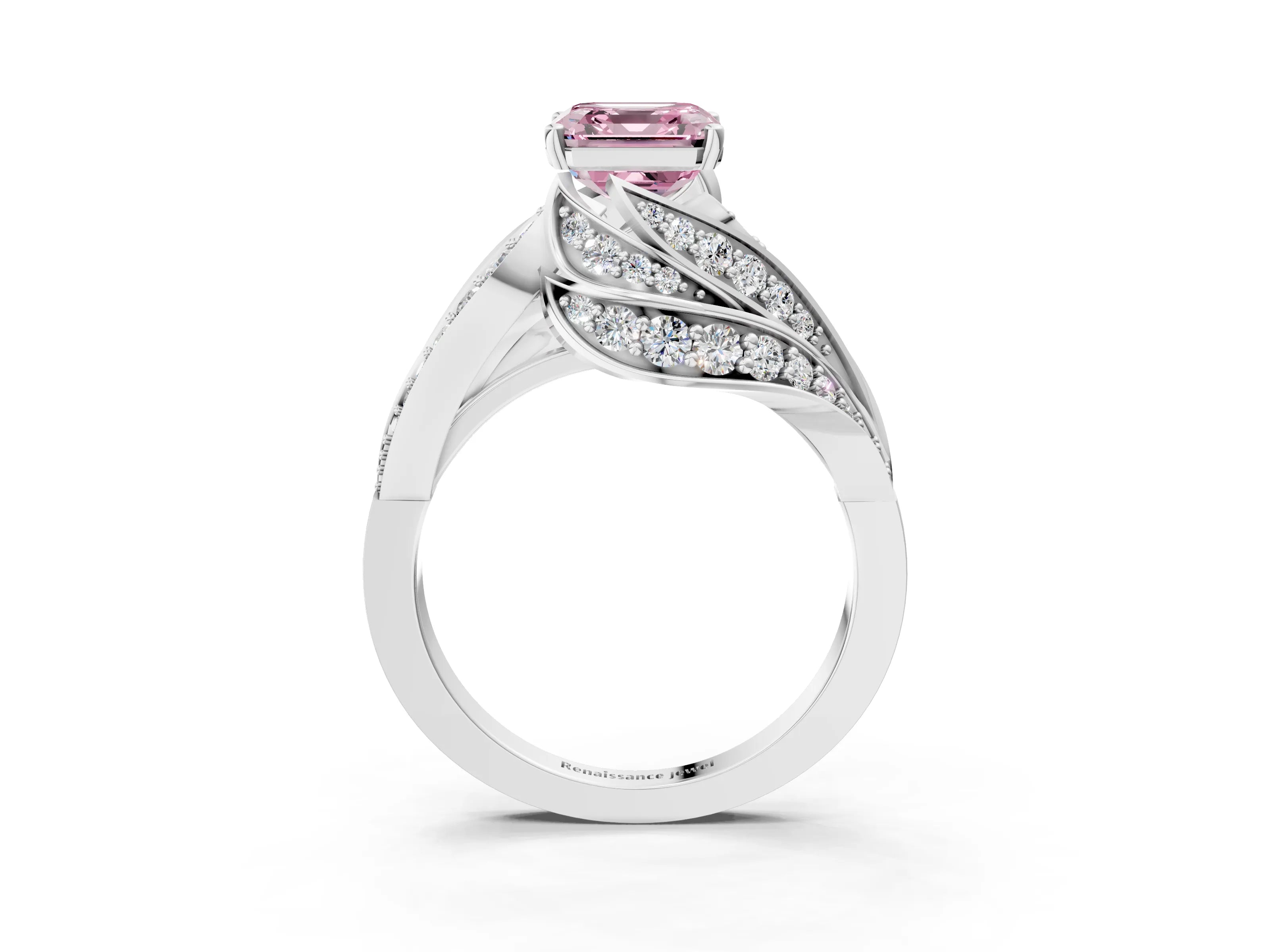 White gold Fancy Pink Asscher Cut Diamond Solitaire Ring with Prong Setting and Twisted Pavé Band_3
