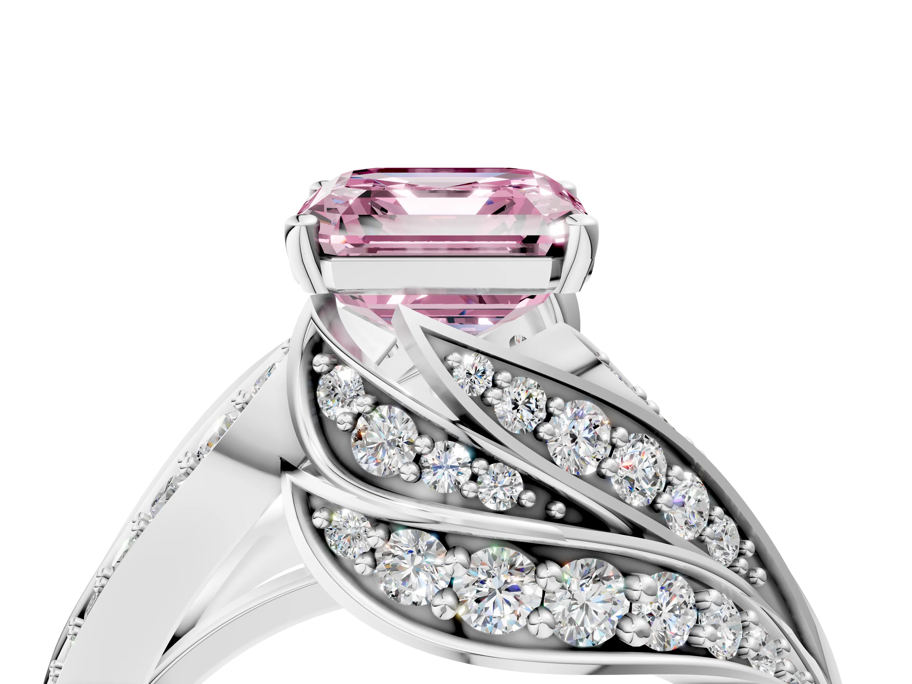 White gold Fancy Pink Asscher Cut Diamond Solitaire Ring with Prong Setting and Twisted Pavé Band_4