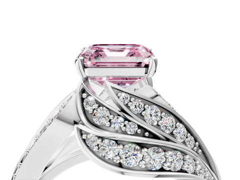 White gold Fancy Pink Asscher Cut Diamond Solitaire Ring with Prong Setting and Twisted Pavé Band_4