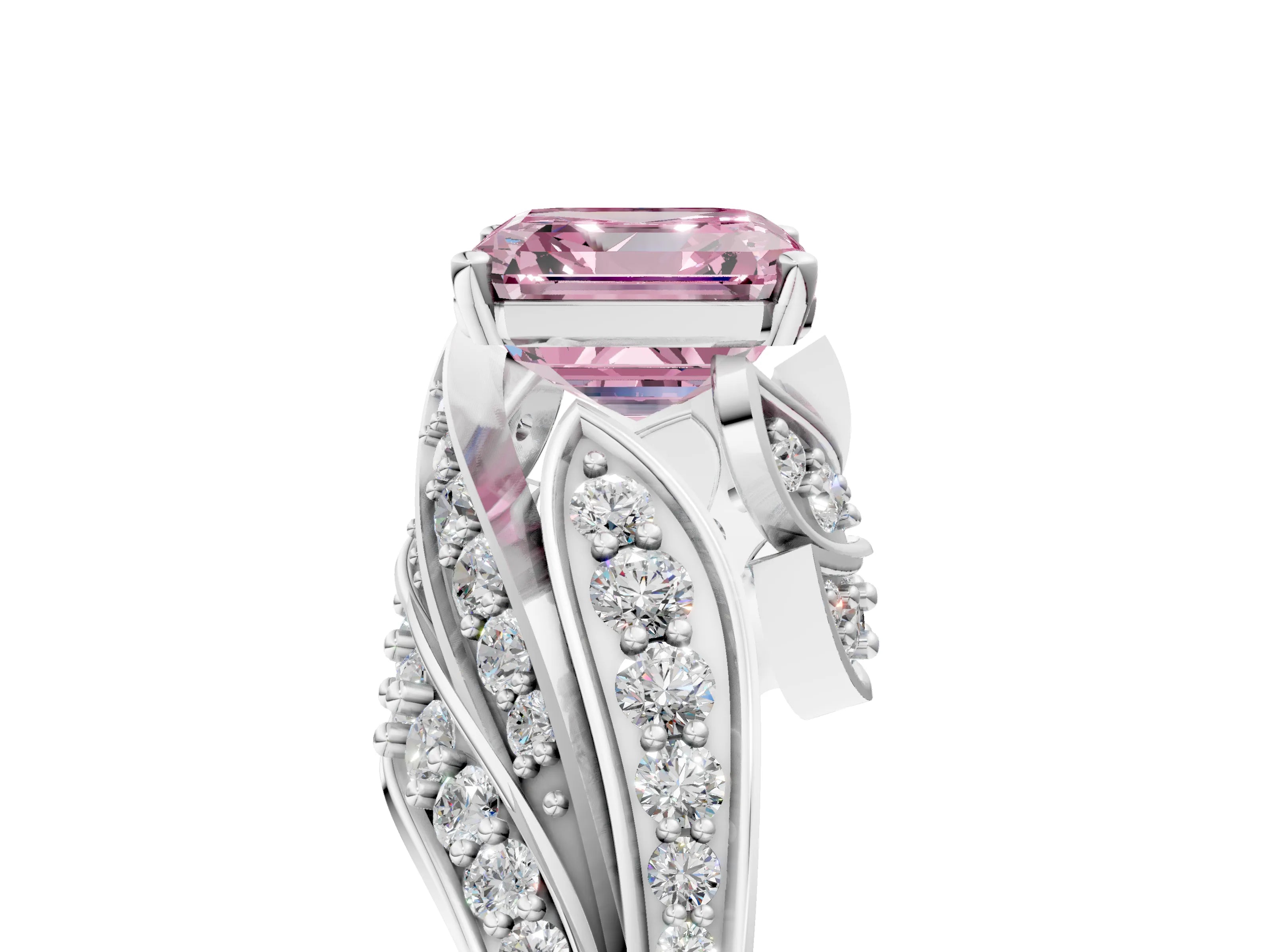 White gold Fancy Pink Asscher Cut Diamond Solitaire Ring with Prong Setting and Twisted Pavé Band_5