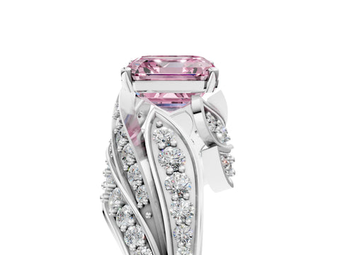 White gold Fancy Pink Asscher Cut Diamond Solitaire Ring with Prong Setting and Twisted Pavé Band_5