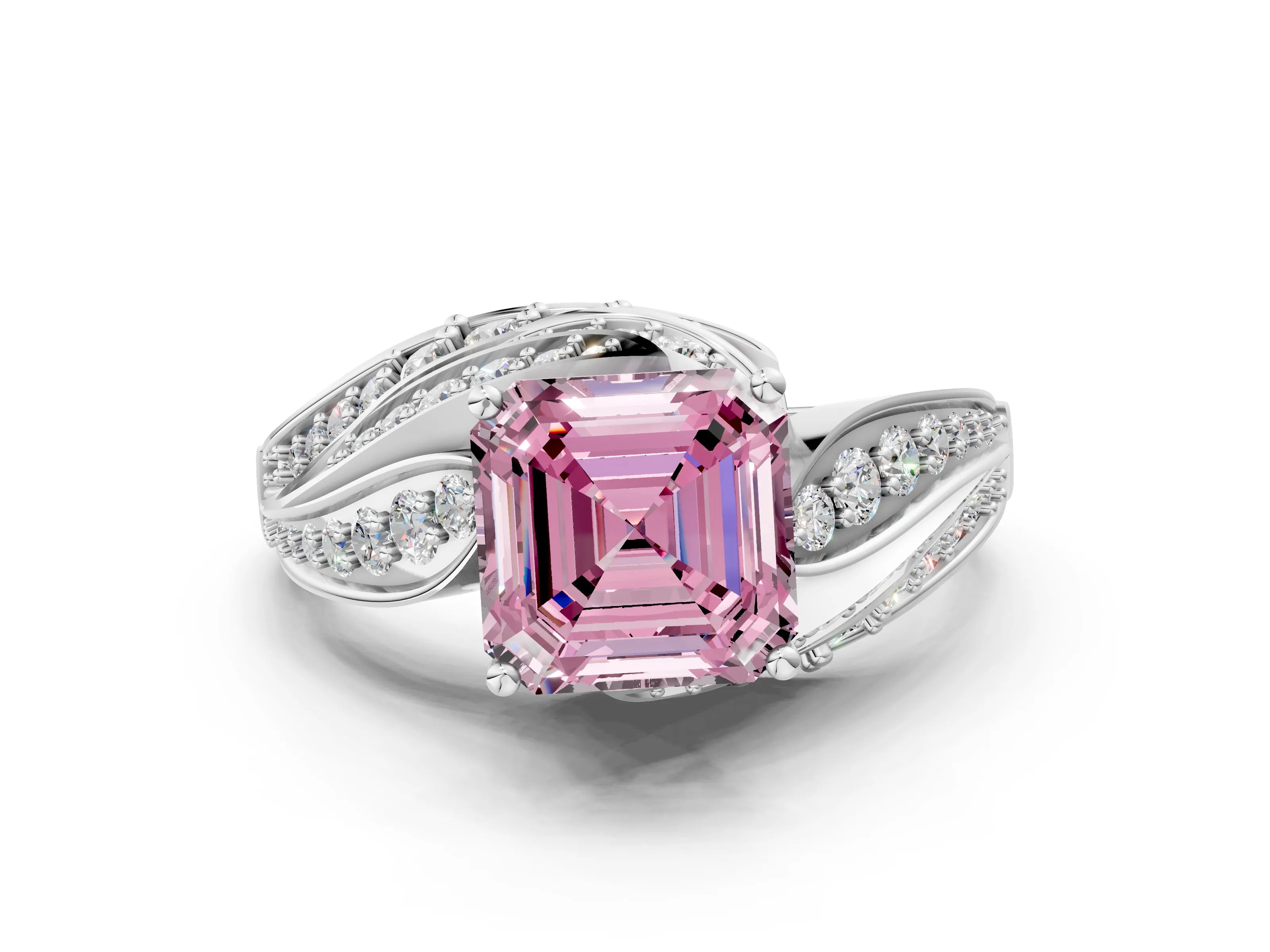 White gold Fancy Pink Asscher Cut Diamond Solitaire Ring with Prong Setting and Twisted Pavé Band