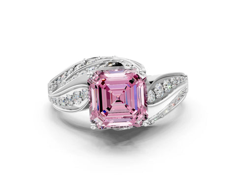White gold Fancy Pink Asscher Cut Diamond Solitaire Ring with Prong Setting and Twisted Pavé Band