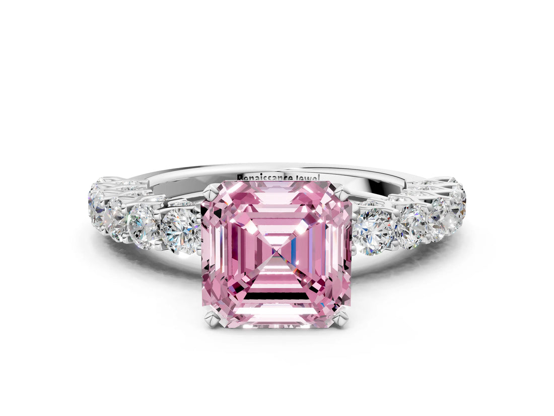 White gold Fancy Pink Asscher Cut Diamond Solitaire Ring with Shared Prong Pavé Band and Four-Prong Setting_17