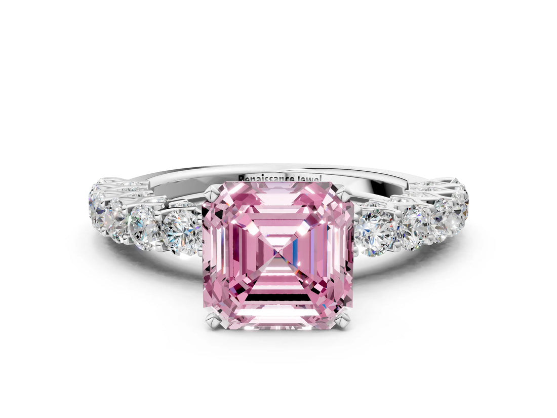 White gold Fancy Pink Asscher Cut Diamond Solitaire Ring with Shared Prong Pavé Band and Four-Prong Setting_29