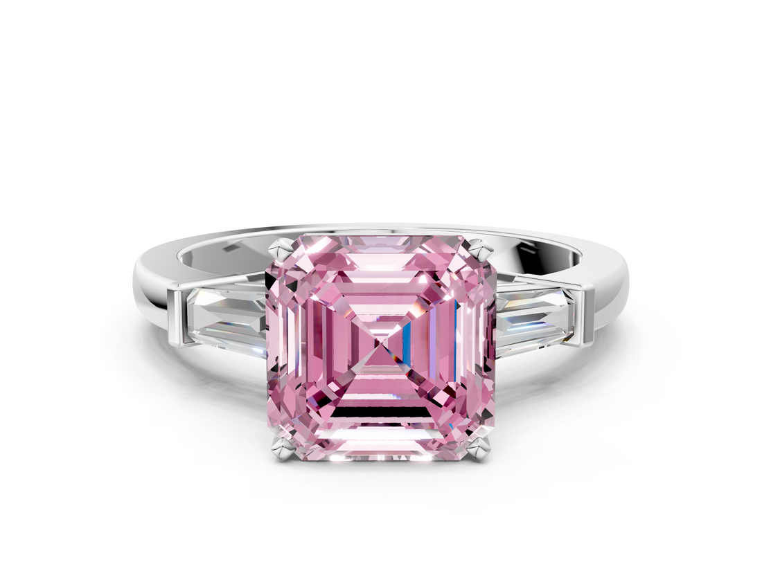 White gold Fancy Pink Asscher  Cut Diamond Solitaire Ring with Tapered Baguette Accents and Four-Prong Setting_17