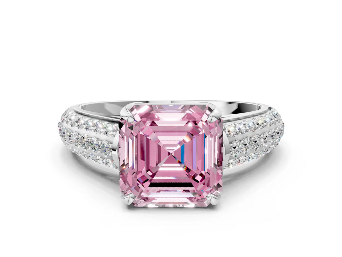 White gold Fancy Pink Asscher Cut Diamond Solitaire Ring with Three-Row Pavé Band and Four-Prong Setting_34