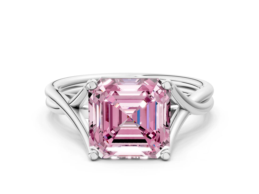 White gold Fancy Pink Asscher Cut Diamond Solitaire Twist Band Prong Setting Ring_77