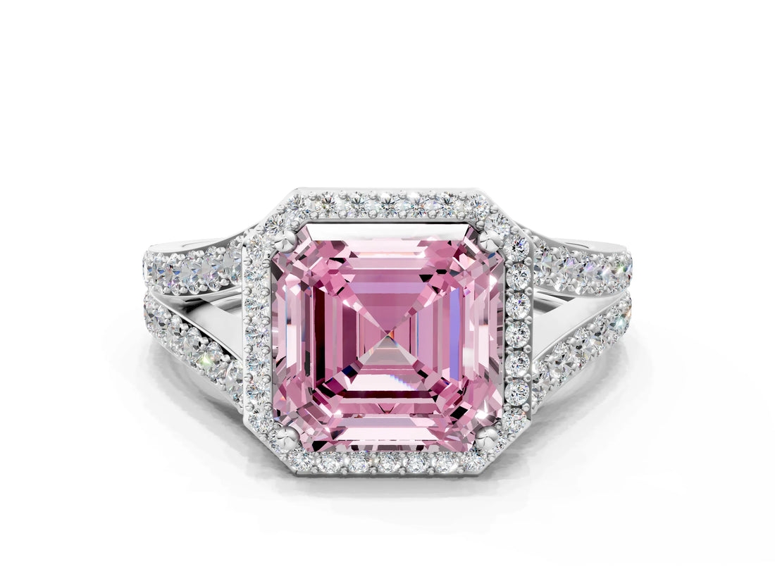 White gold Fancy Pink Asscher Cut Diamond Split Shank Halo Ring with Four-Prong Setting_46