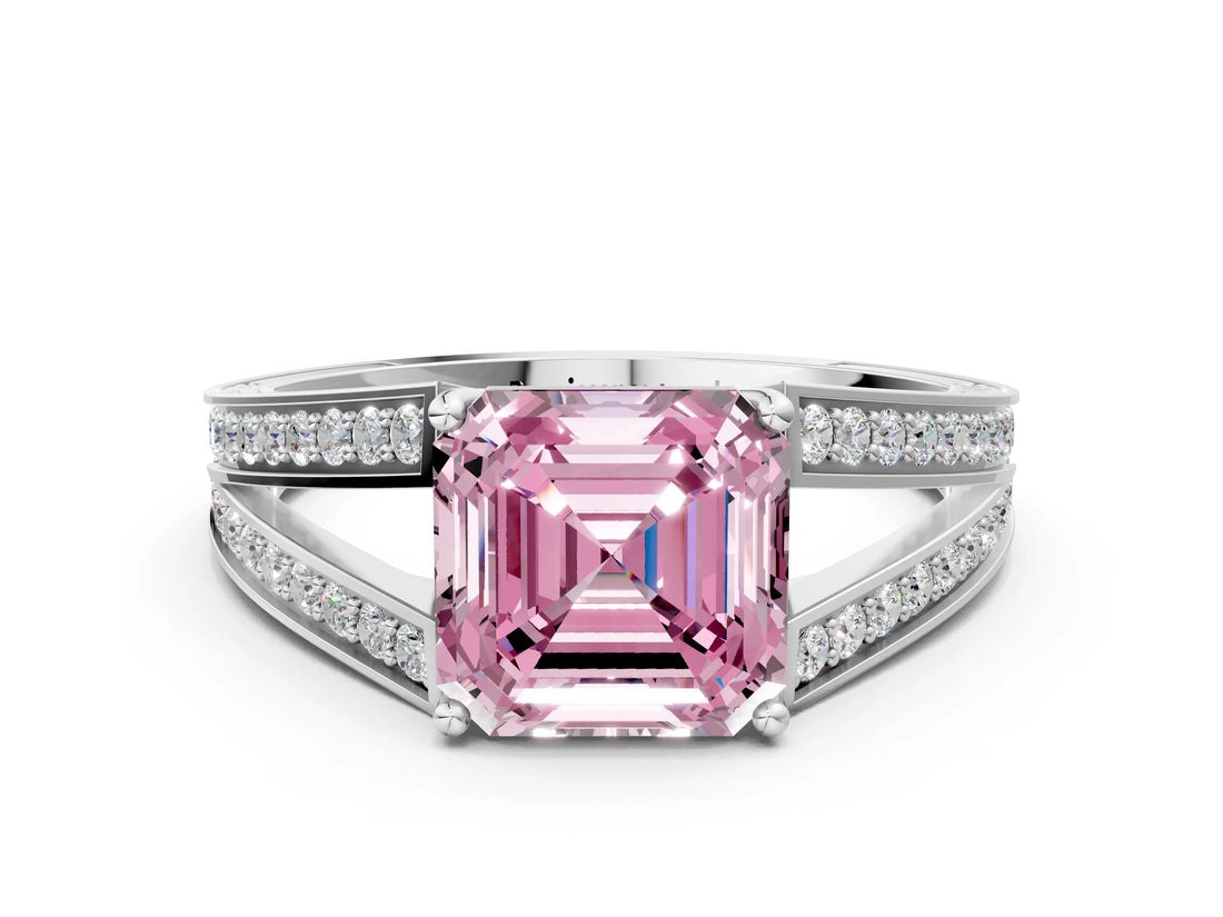 White gold Fancy Pink Asscher Cut Diamond Split Shank Ring with Pavé Band and Four-Prong Setting_34