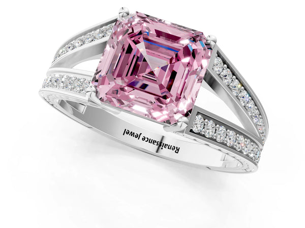 Sterling Silver Asscher Cut Pave Split Shank Engagement Ring Setting for Fancy Pink Center