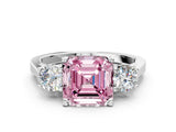 White gold Fancy Pink Asscher Cut Diamond Three-Stone Engagement Ring with Prong Setting and Pavé Band