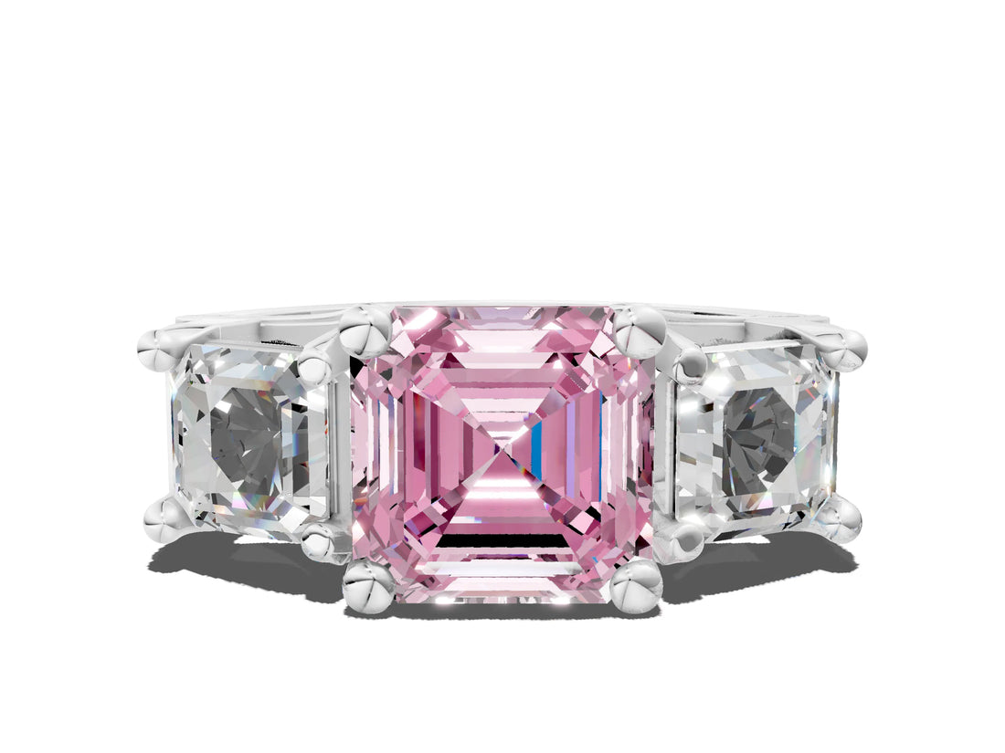 White gold Fancy Pink Asscher Cut Diamond Three-Stone Ring with Channel Set Band and Four-Prong Setting_92