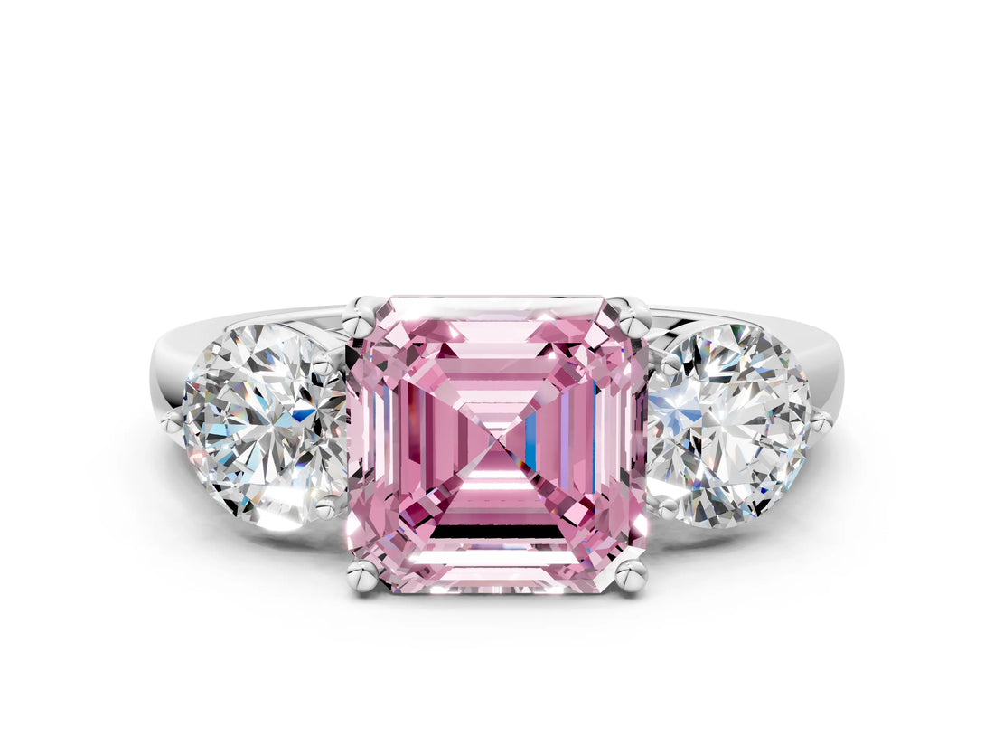 White gold Fancy Pink Asscher Cut Diamond Three-Stone Ring with Prong Setting and Classic Band_56