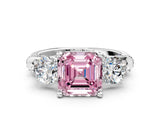 White gold Fancy Pink Asscher Cut Diamond Three-Stone Ring with Prong Setting and Pavé Band