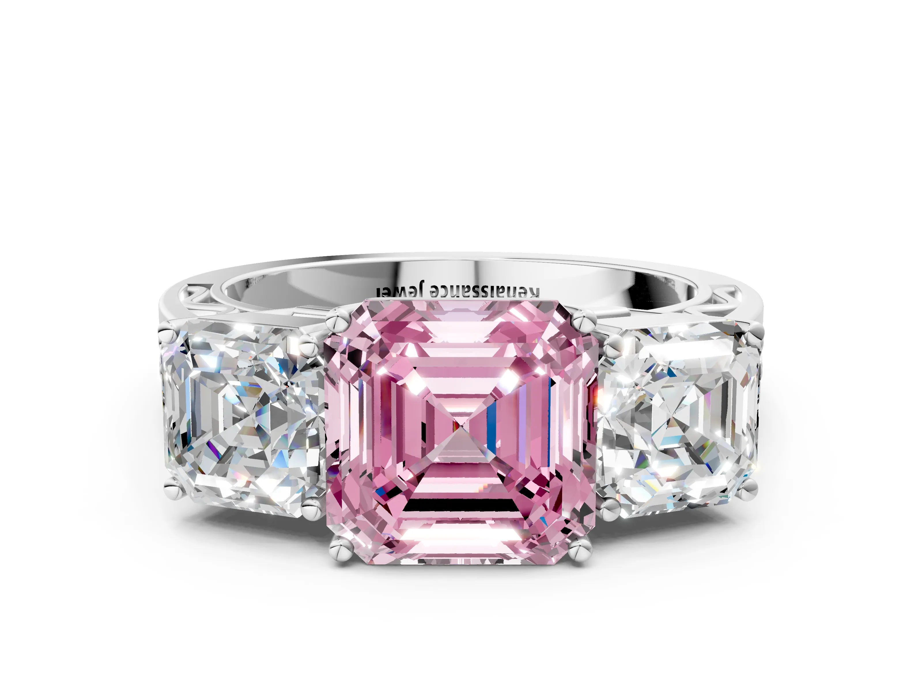 White gold Fancy Pink Asscher Cut Diamond Three-Stone Ring with Prong Setting and Textured Band