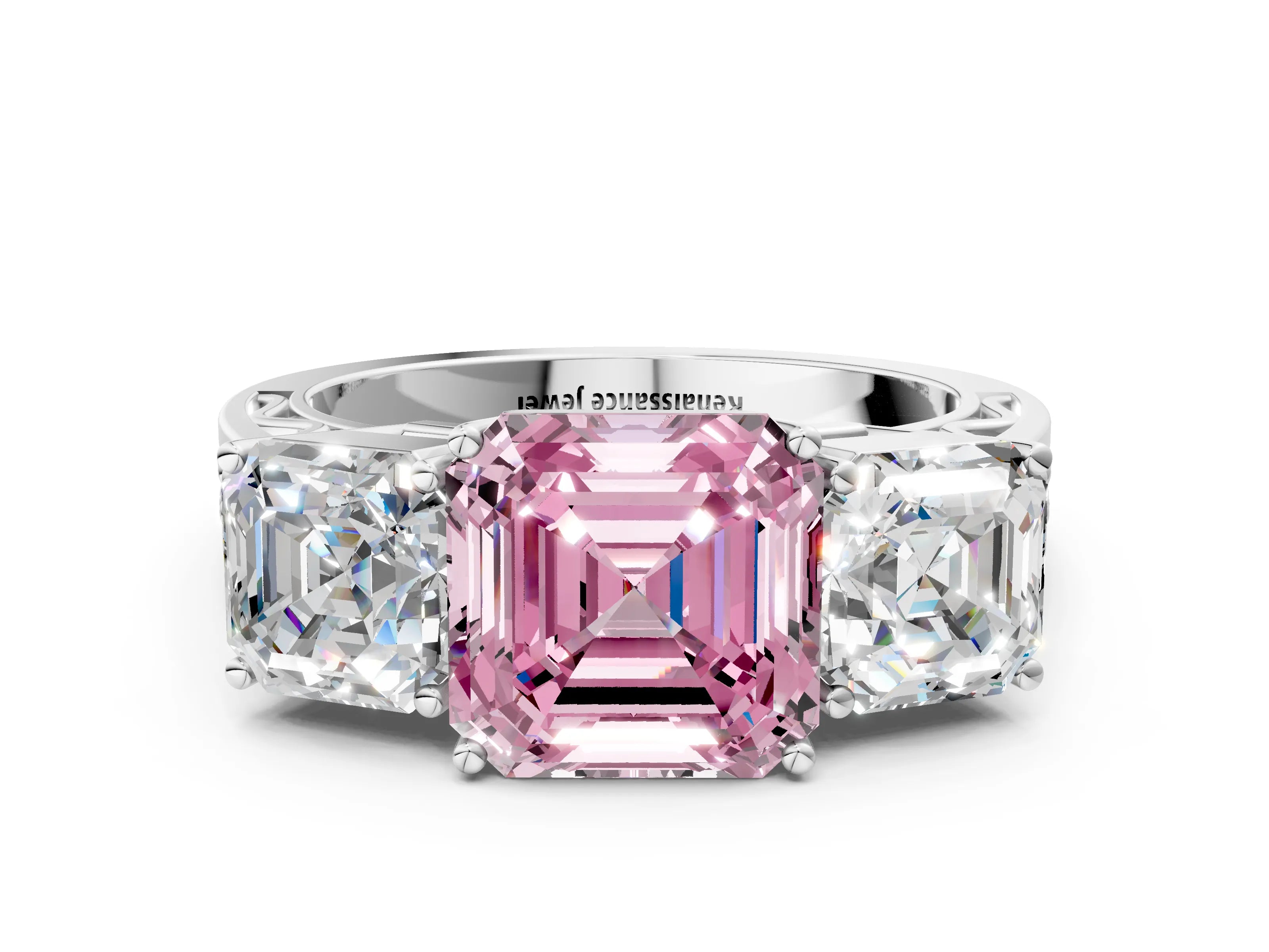 White gold Fancy Pink Asscher Cut Diamond Three-Stone Ring with Prong Setting and Textured Band_12