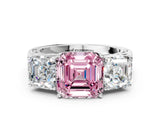 White gold Fancy Pink Asscher Cut Diamond Three-Stone Ring with Prong Setting and Textured Band_12