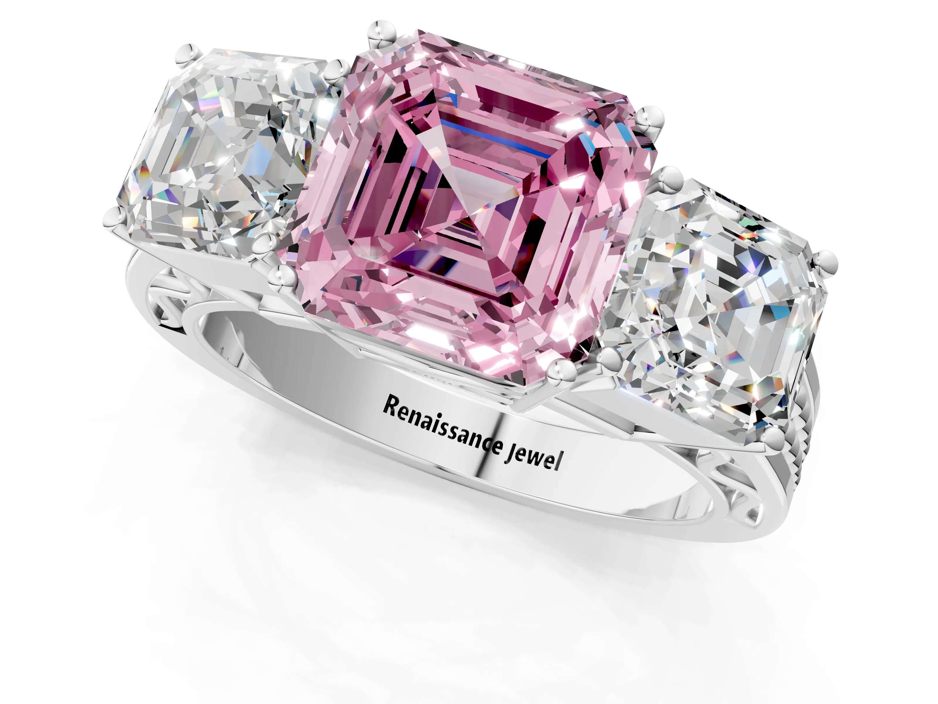 White gold Fancy Pink Asscher Cut Diamond Three-Stone Ring with Prong Setting and Textured Band_13
