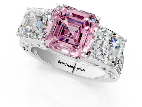 White gold Fancy Pink Asscher Cut Diamond Three-Stone Ring with Prong Setting and Textured Band_13