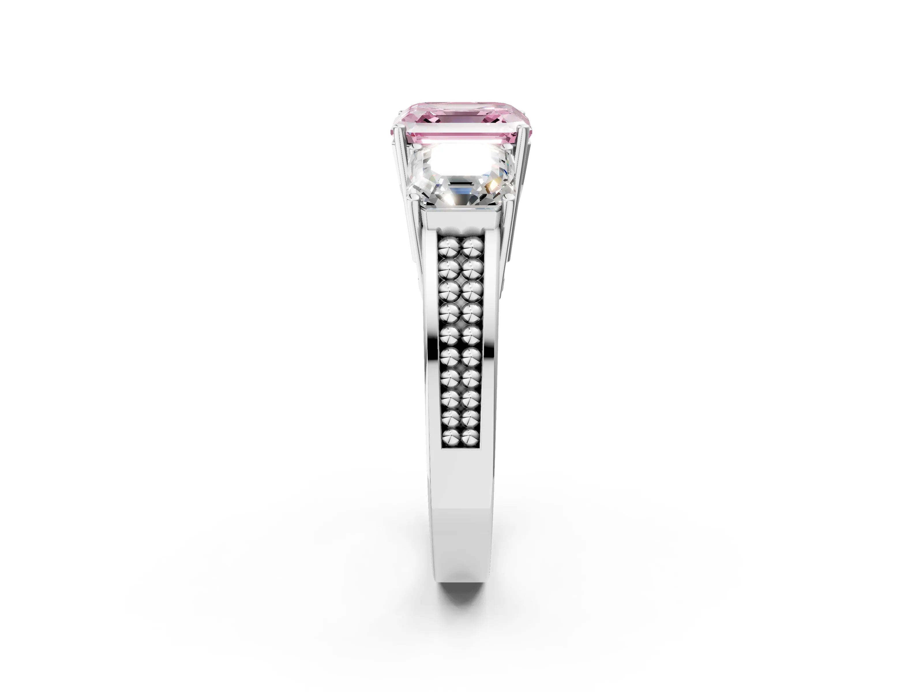 White gold Fancy Pink Asscher Cut Diamond Three-Stone Ring with Prong Setting and Textured Band_14