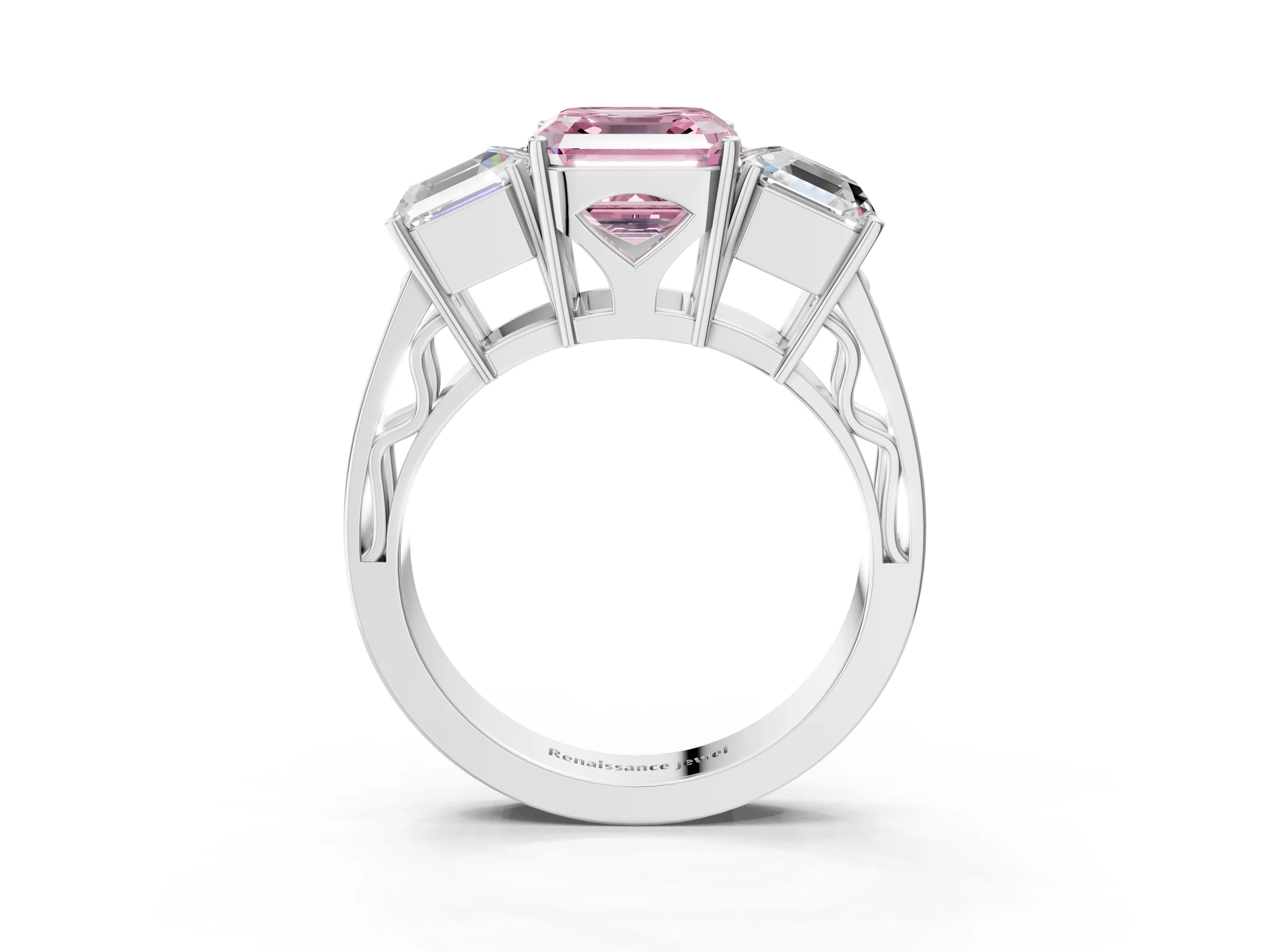 White gold Fancy Pink Asscher Cut Diamond Three-Stone Ring with Prong Setting and Textured Band_15