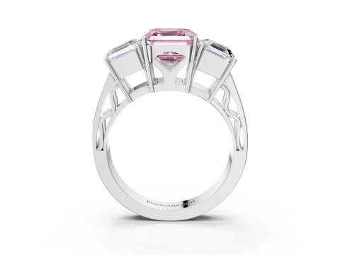 White gold Fancy Pink Asscher Cut Diamond Three-Stone Ring with Prong Setting and Textured Band_15