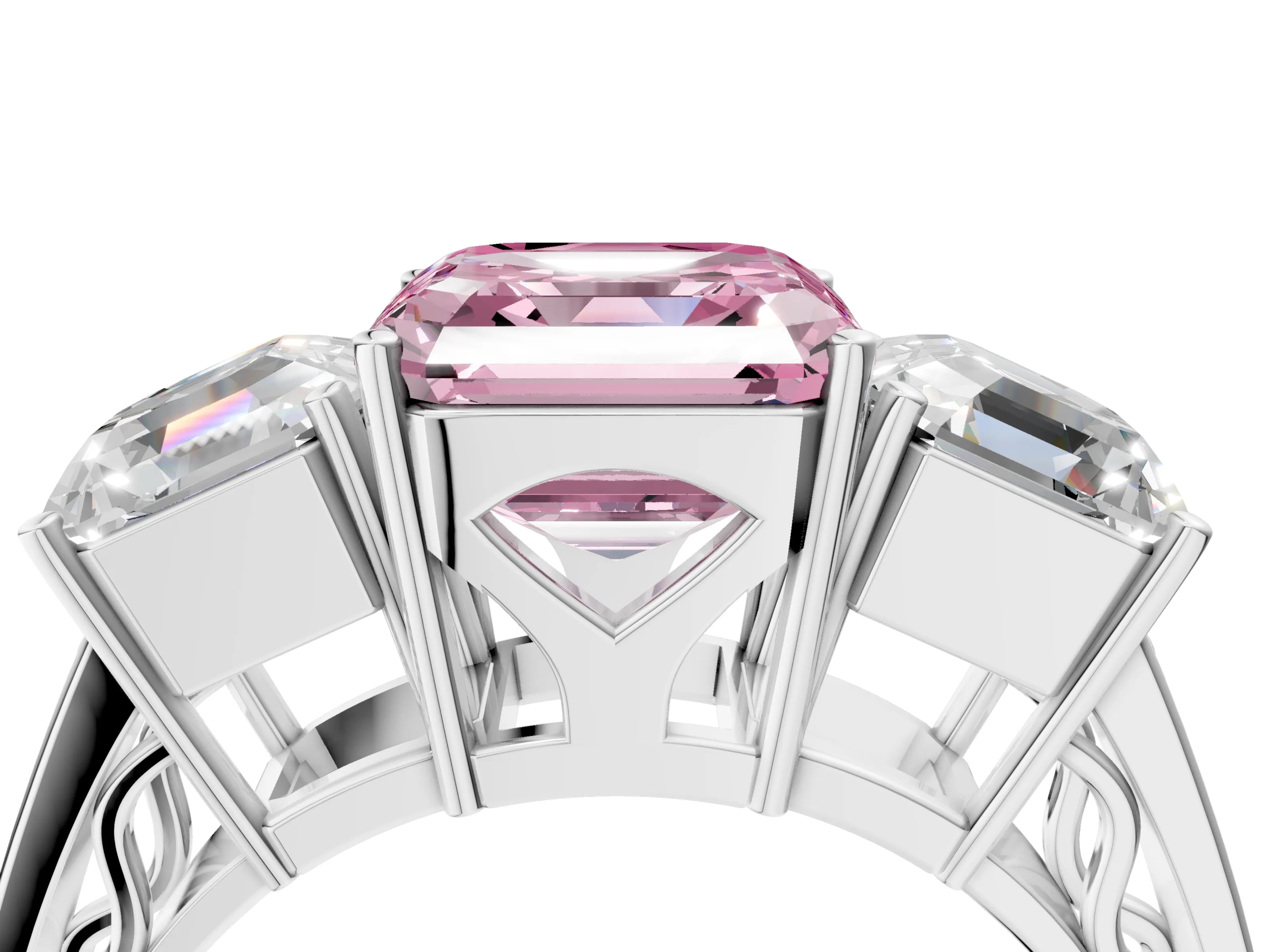 White gold Fancy Pink Asscher Cut Diamond Three-Stone Ring with Prong Setting and Textured Band_16
