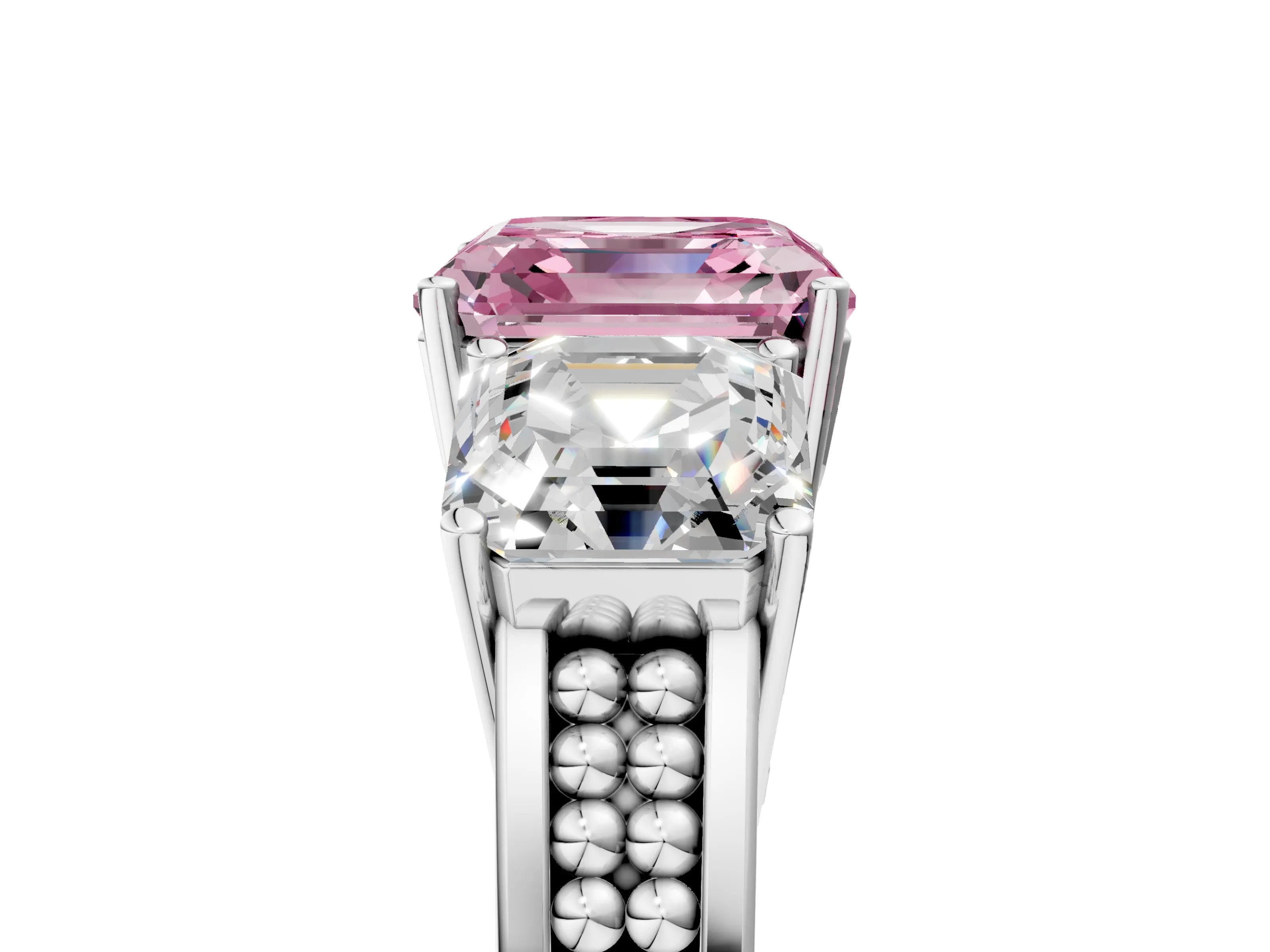 White gold Fancy Pink Asscher Cut Diamond Three-Stone Ring with Prong Setting and Textured Band_17