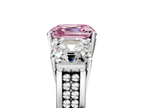 White gold Fancy Pink Asscher Cut Diamond Three-Stone Ring with Prong Setting and Textured Band_17