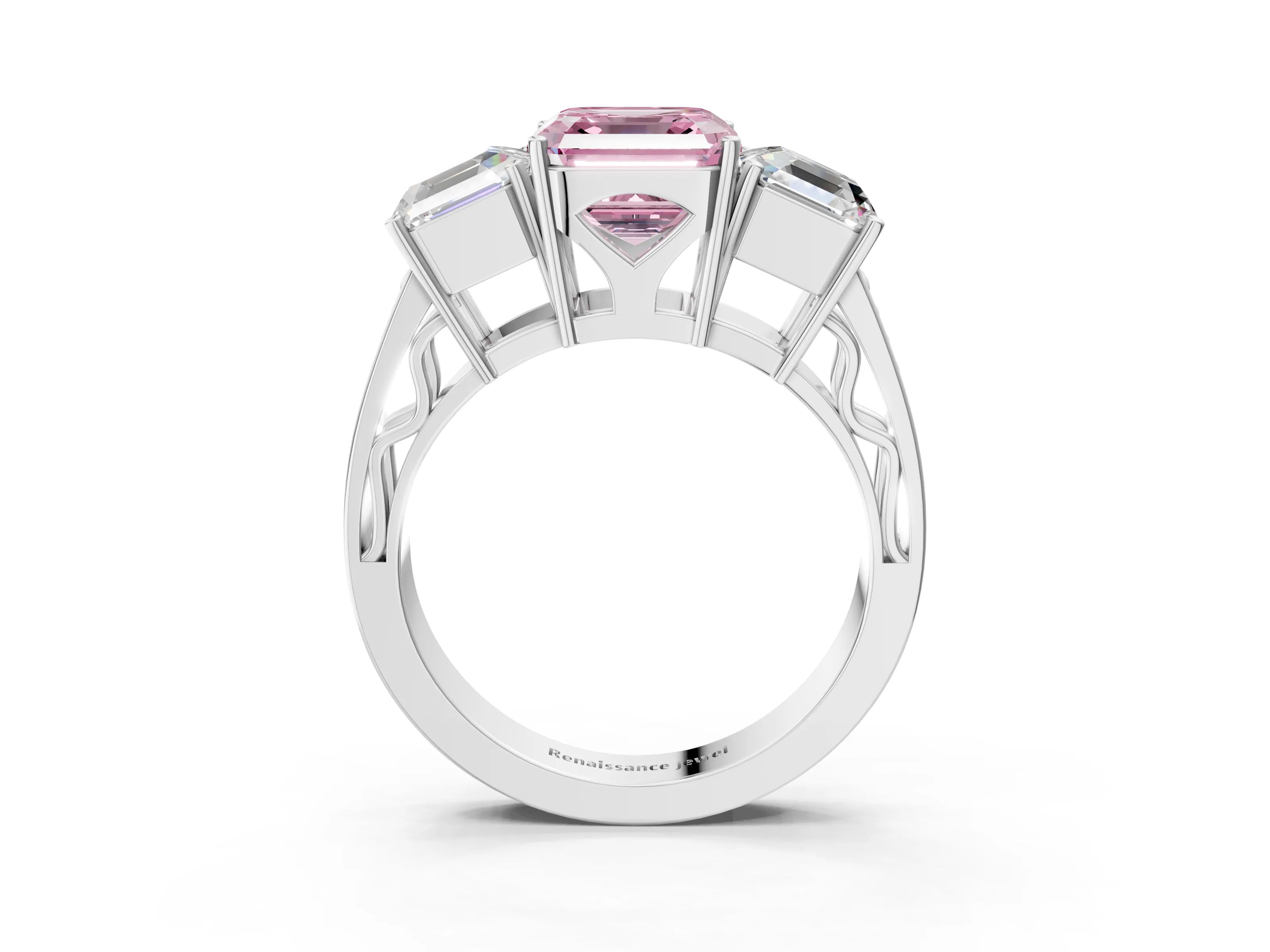 White gold Fancy Pink Asscher Cut Diamond Three-Stone Ring with Prong Setting and Textured Band_3