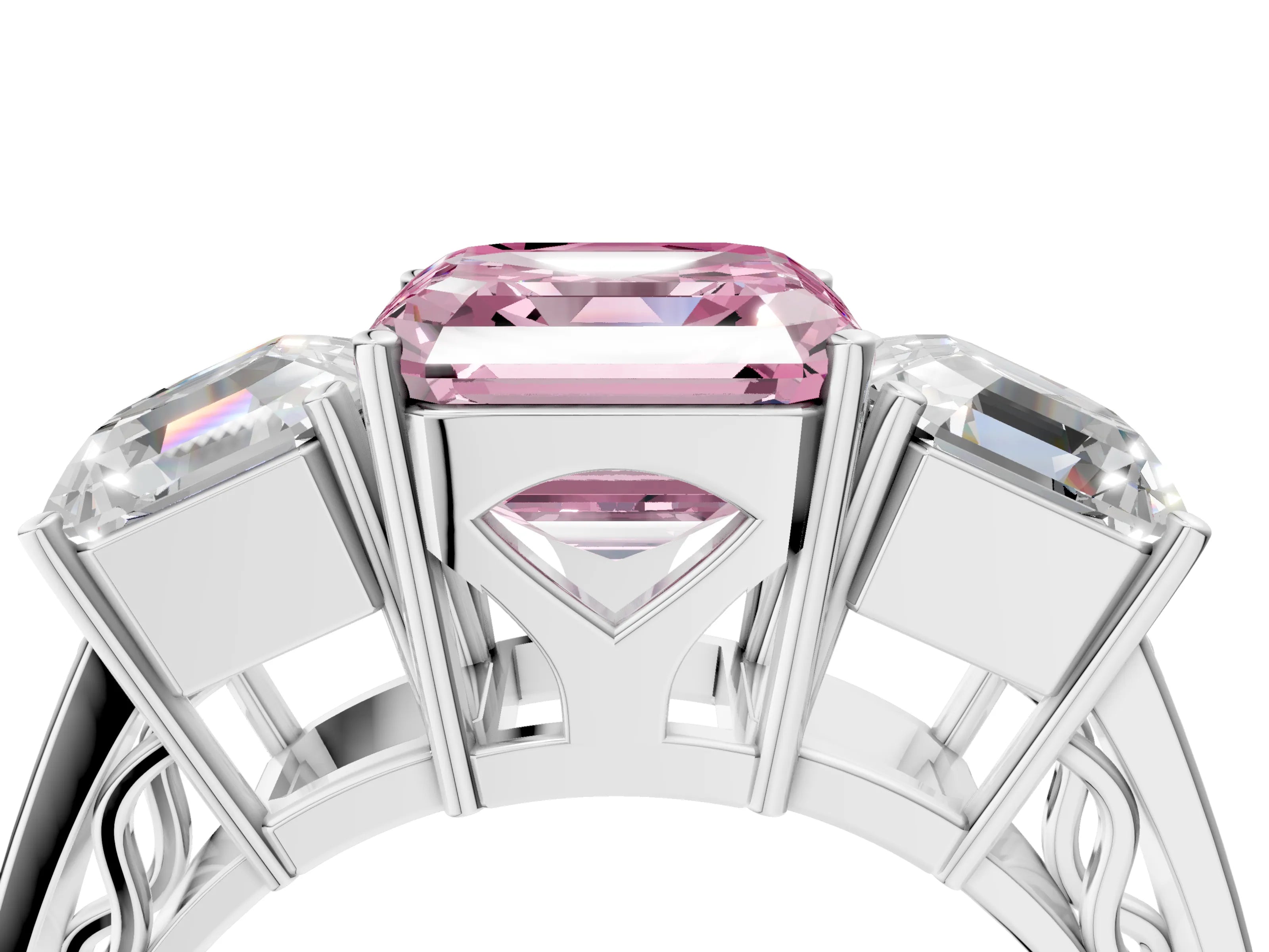 White gold Fancy Pink Asscher Cut Diamond Three-Stone Ring with Prong Setting and Textured Band_4