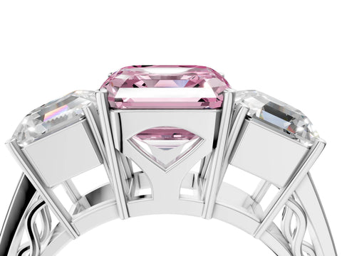 White gold Fancy Pink Asscher Cut Diamond Three-Stone Ring with Prong Setting and Textured Band_4