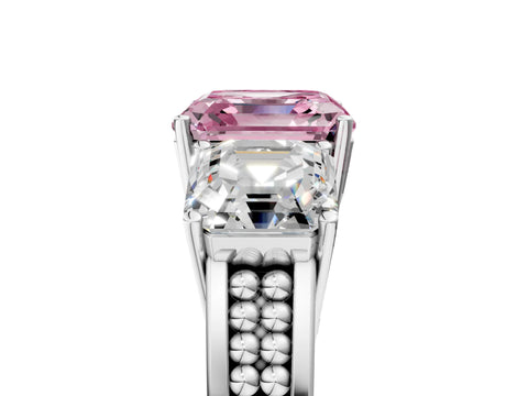 White gold Fancy Pink Asscher Cut Diamond Three-Stone Ring with Prong Setting and Textured Band_5