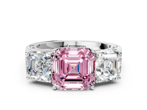 White gold Fancy Pink Asscher Cut Diamond Three-Stone Ring with Prong Setting and Textured Band